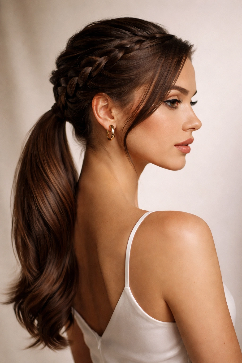 Diagonal side-swept braid flowing into a low off-center ponytail.