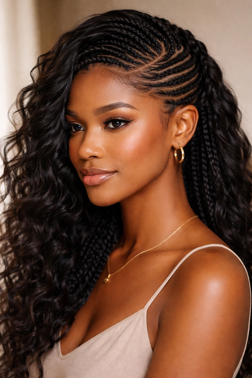 Side-swept braids forming an asymmetrical protective style