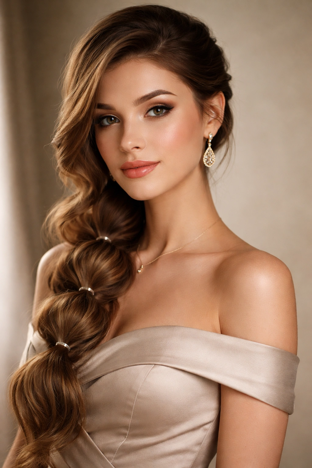 Side-swept bubble braid ponytail with asymmetrical silhouette