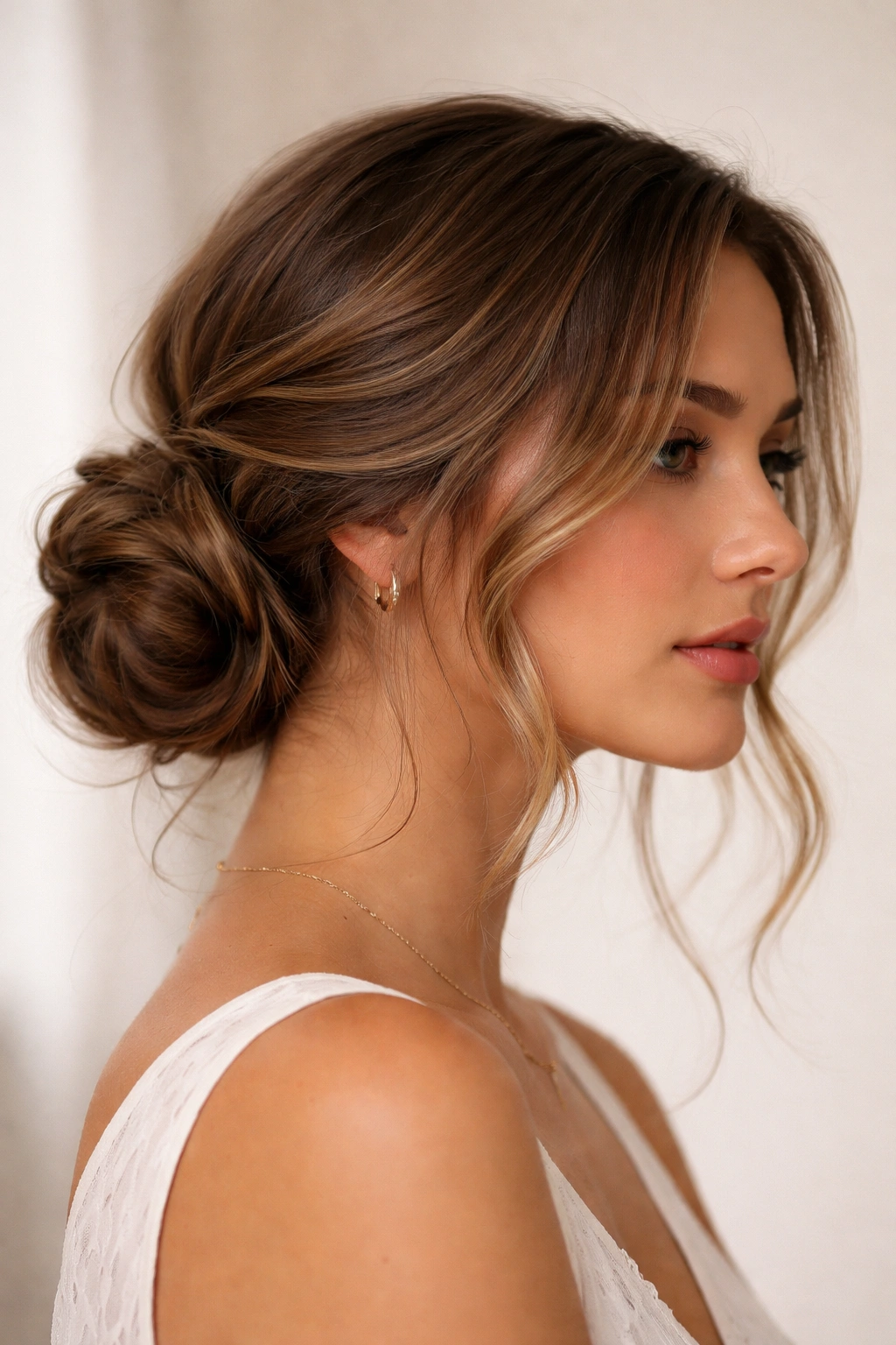 Off-center side-swept low bun with loose strands and soft lighting