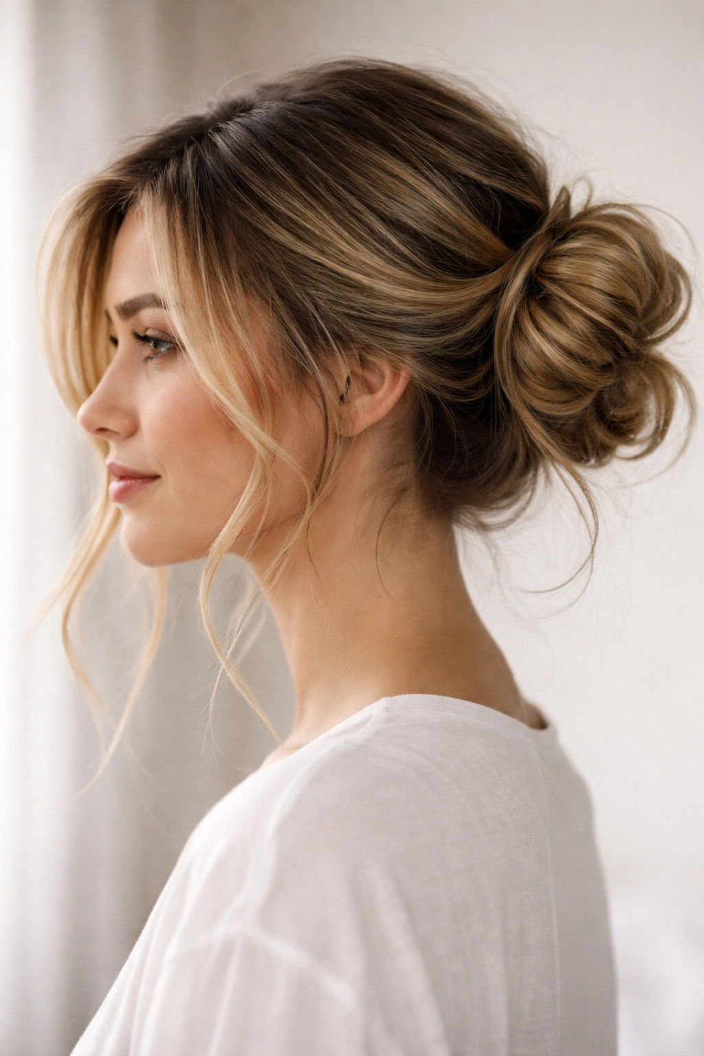 Side-profile messy bun swept to the side with face-framing wisps