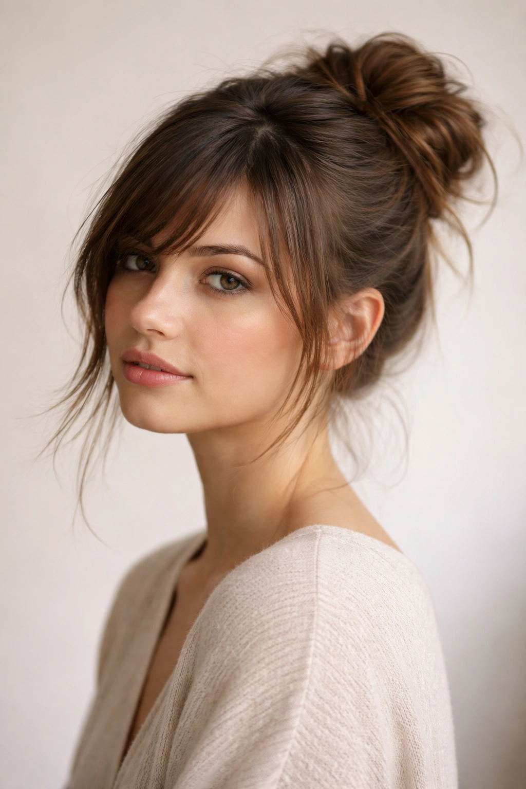 Side-swept bun with diagonal bangs