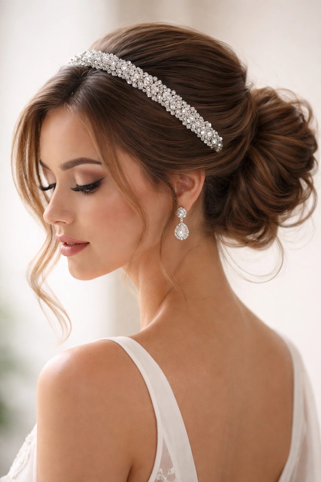 Side-swept bun with crystal headband