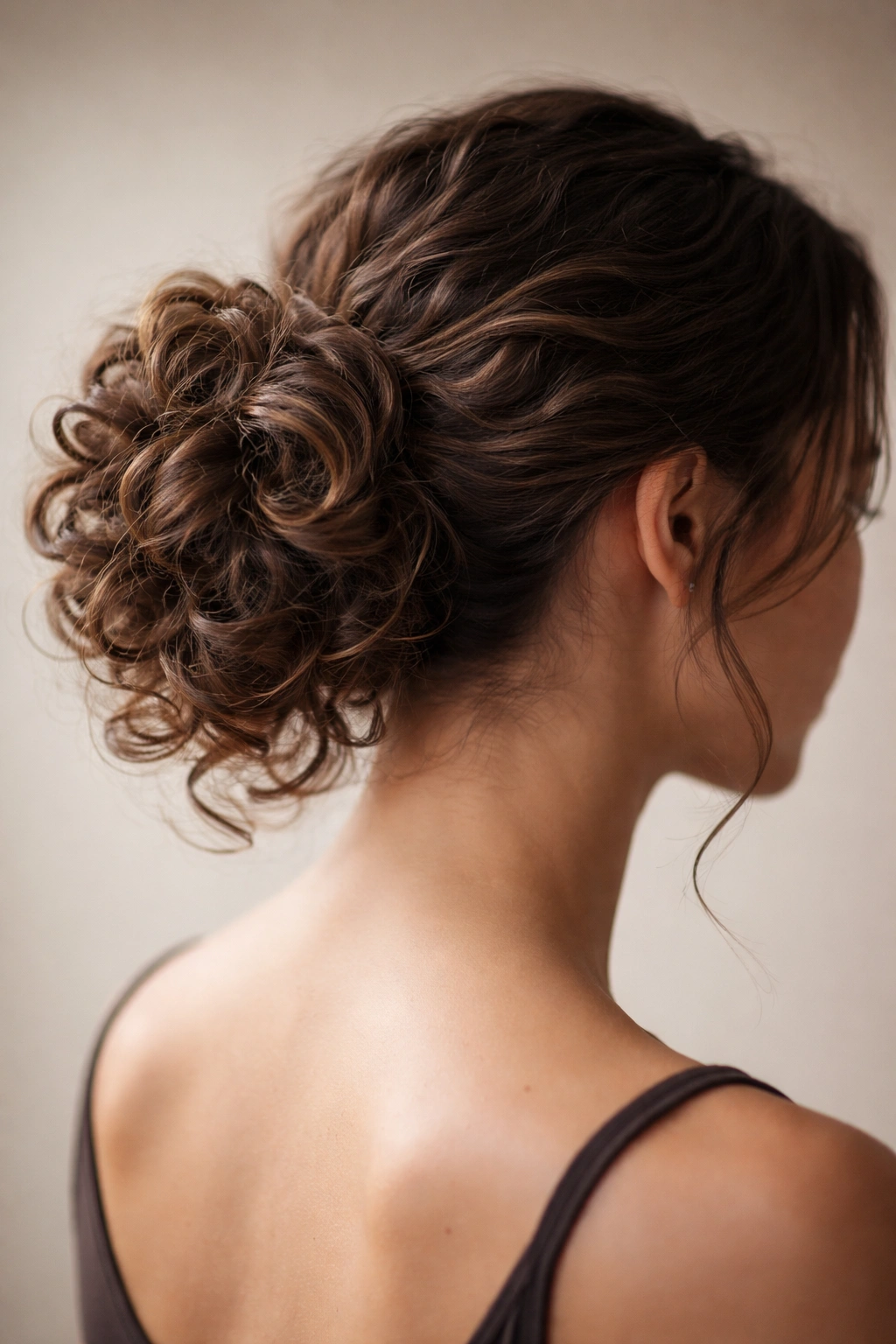 Close-up of a side-swept curly bun with asymmetrical placement and textured curls
