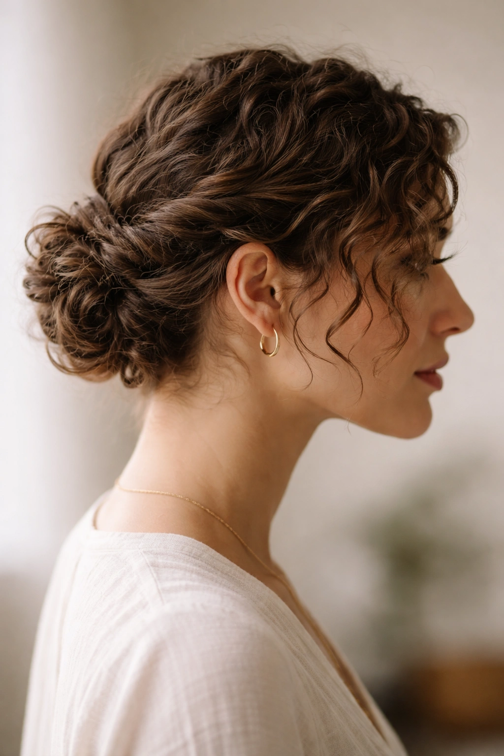 Side-swept twisted bun on short curls