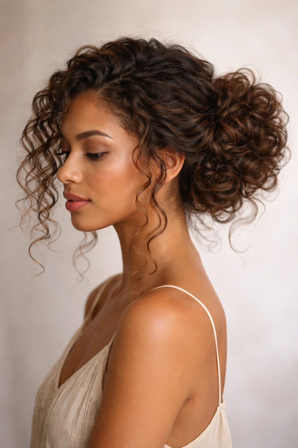 Close-up of a side-swept romantic bun on curly hair with loose strands