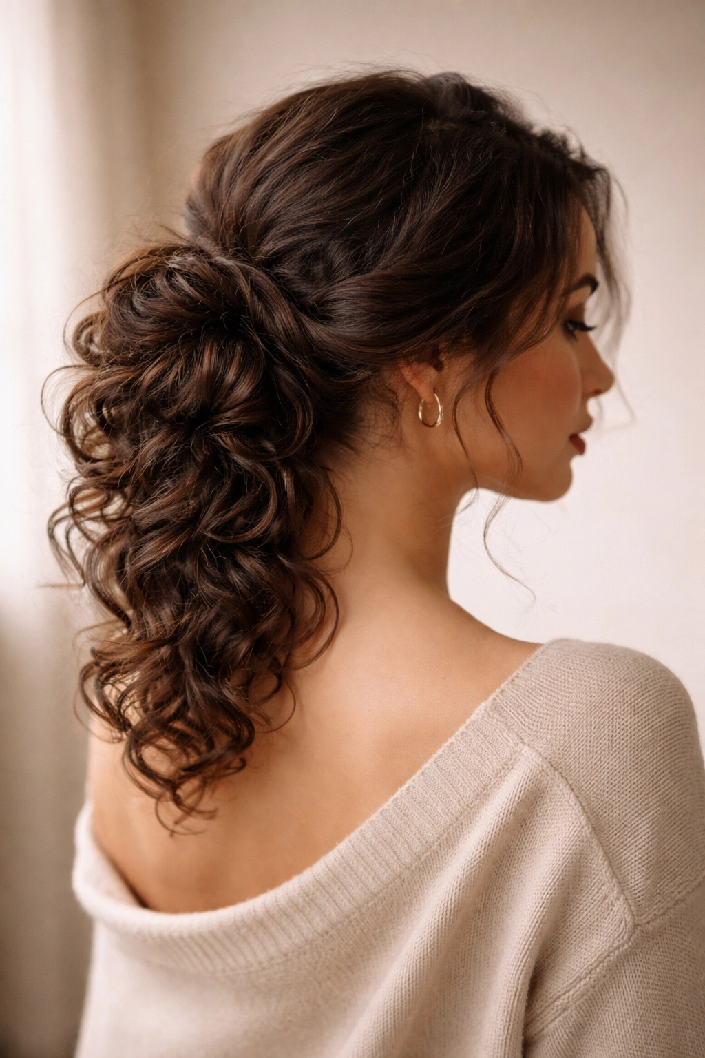 Side-swept low bun with curls cascading over the shoulder