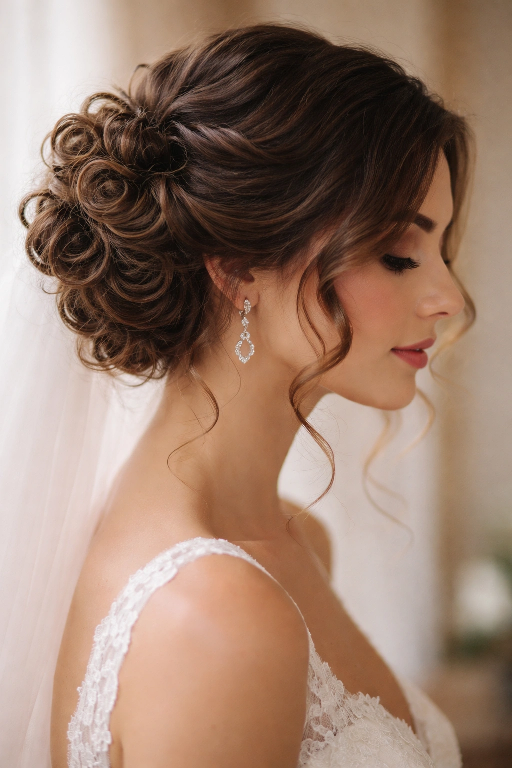 Close-up of a side-swept curly wedding bun with defined curls