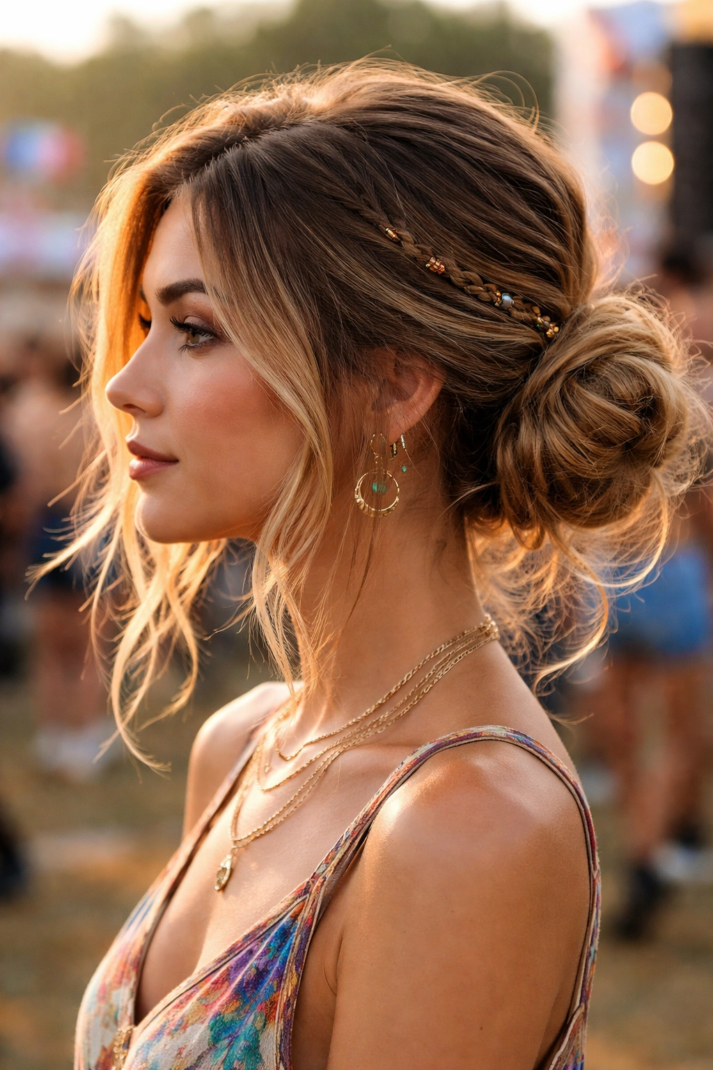 Side-swept bun with hair gathered to one side and low bun near ear