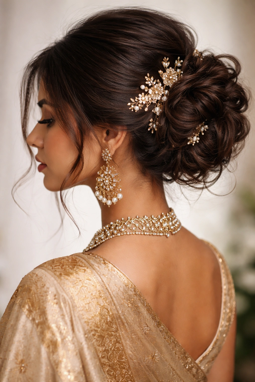 Side-swept messy bun with ornamental hair jewelry