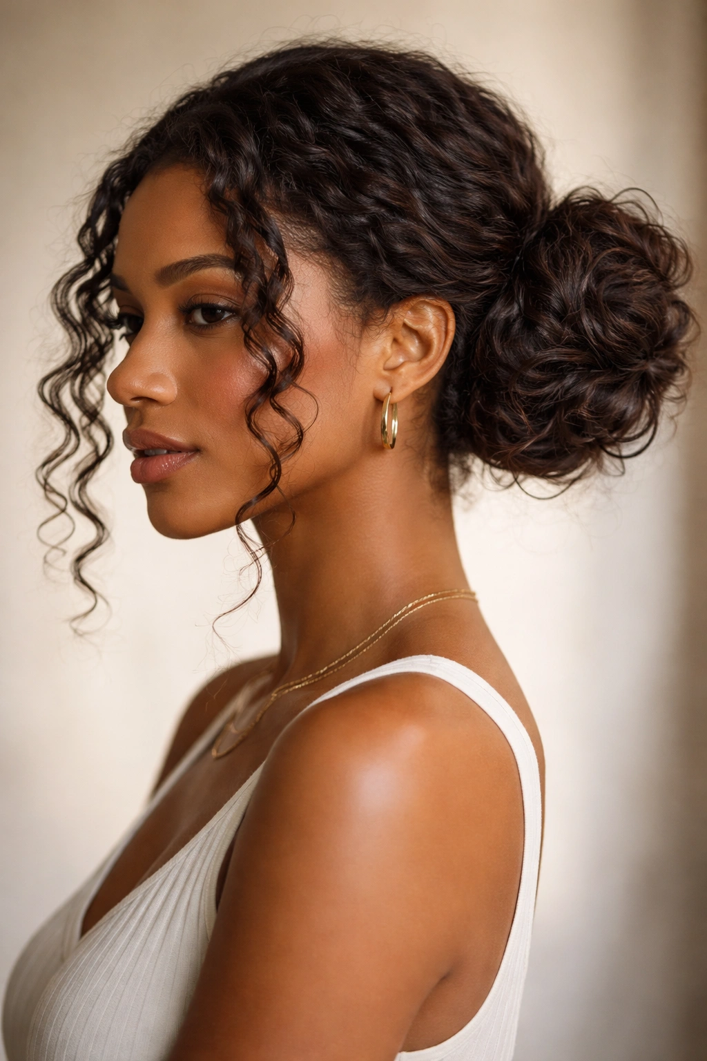 Side-swept bun with layered movement on natural hair