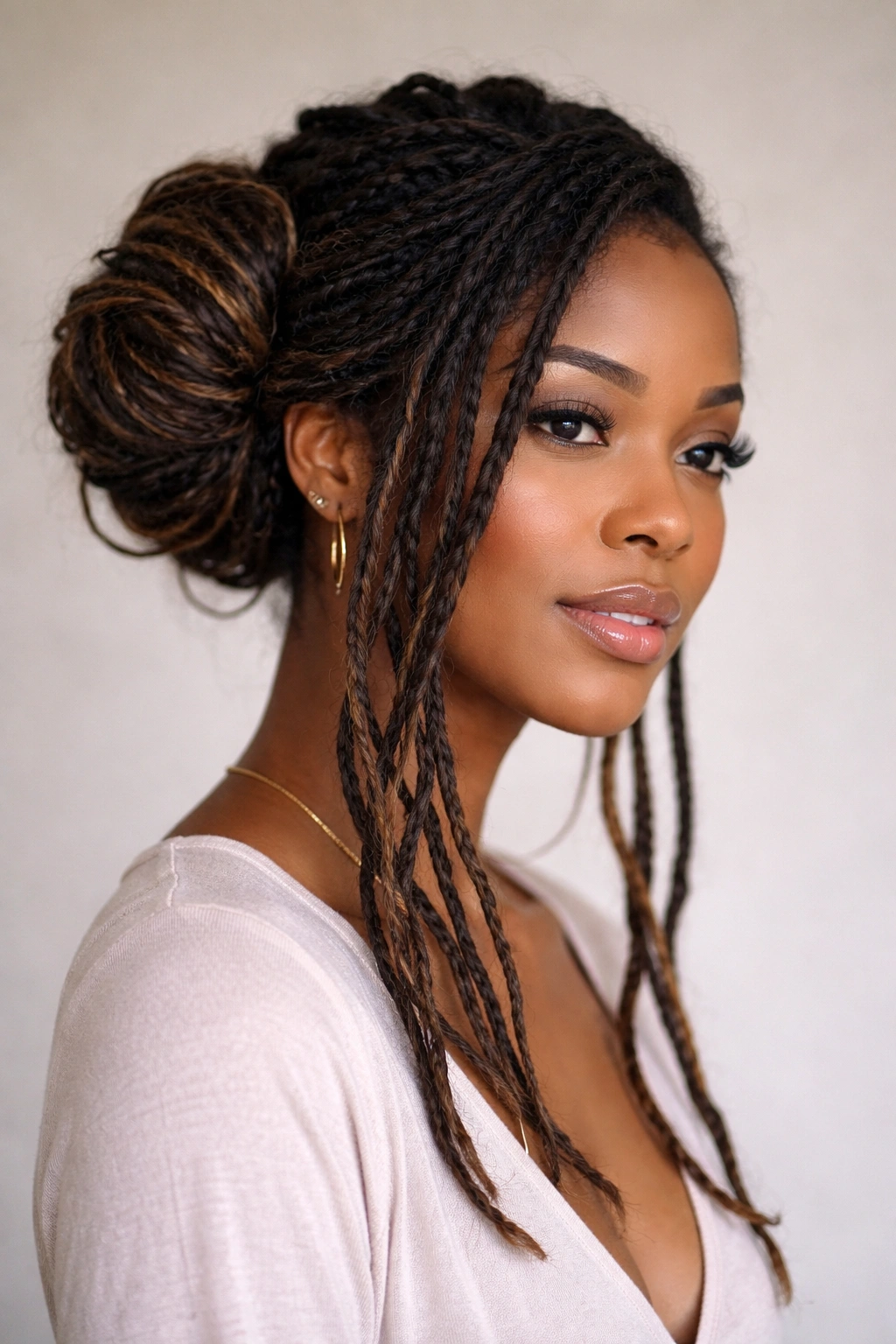 Side-swept bun with loose face-framing strands