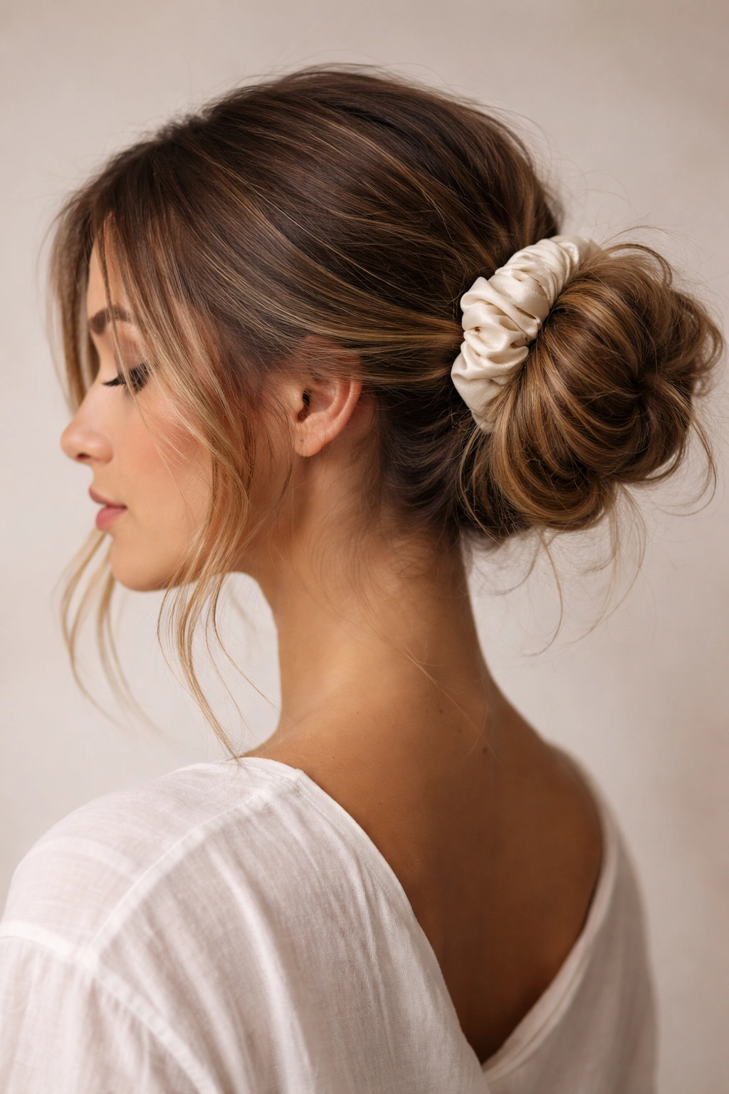 Close-up of a side-swept bun with an off-center scrunchie.