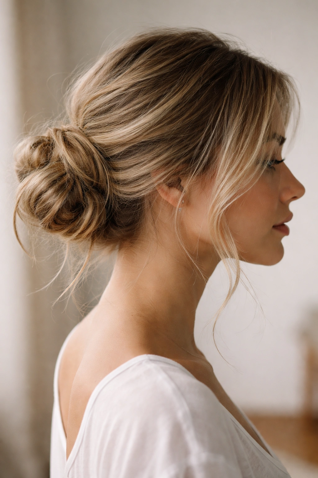 Close-up side profile of a loose bun at ear level on second-day hair