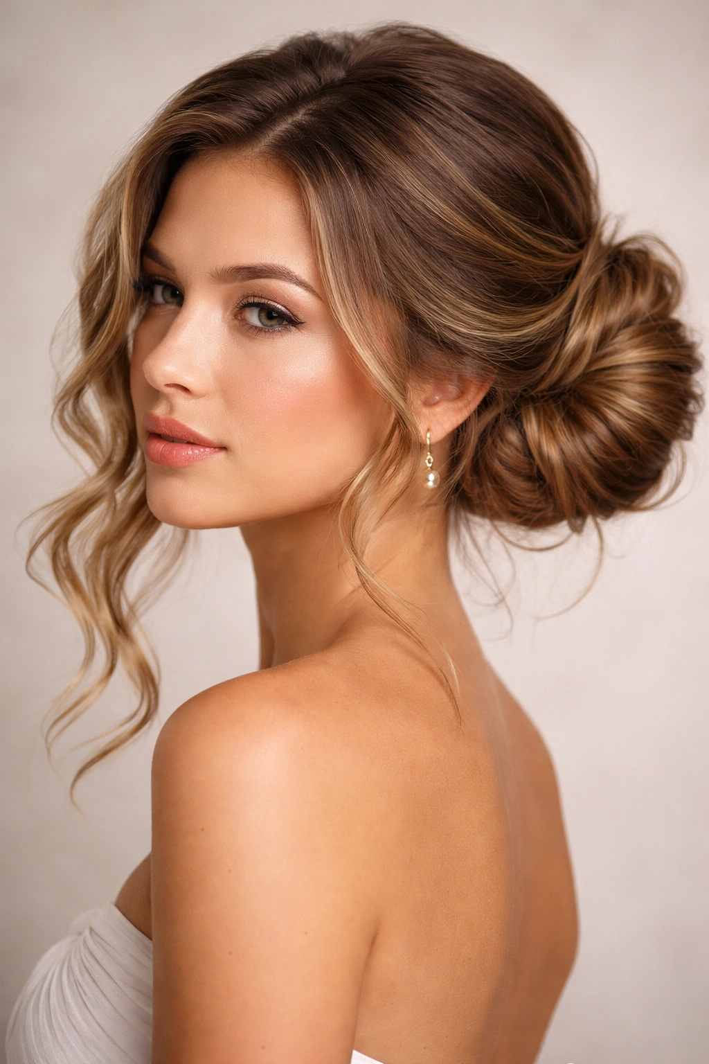 Side sweep bun with waves on the unfixed side in a three-quarter portrait