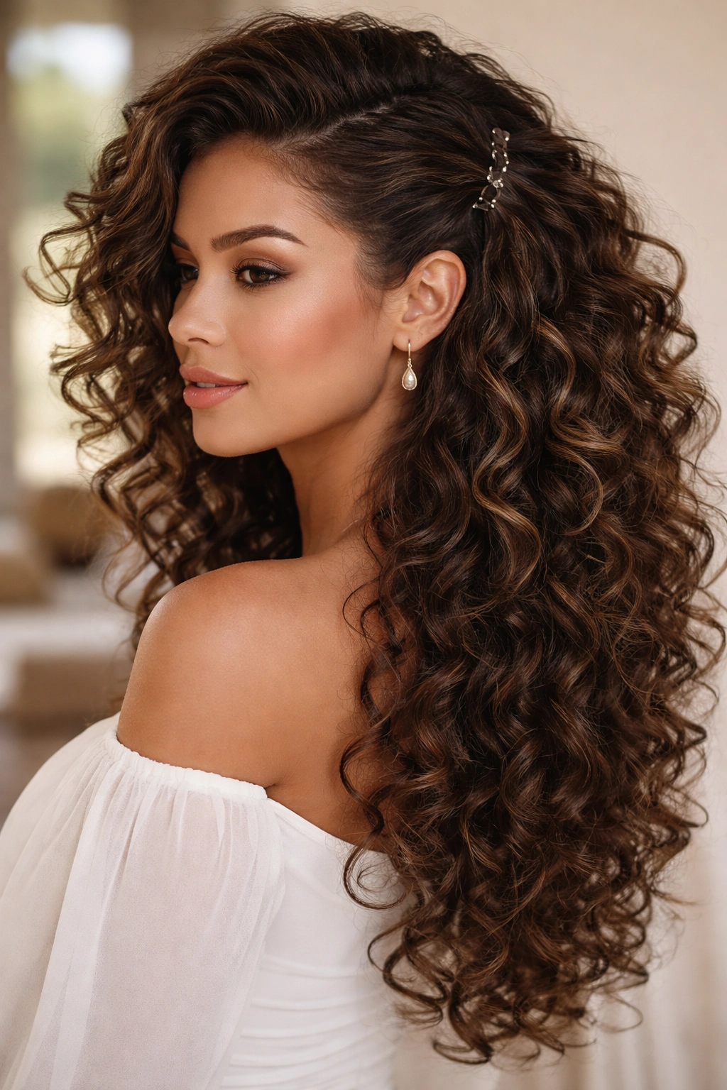 Profile view with side-swept clip-ins adding volume