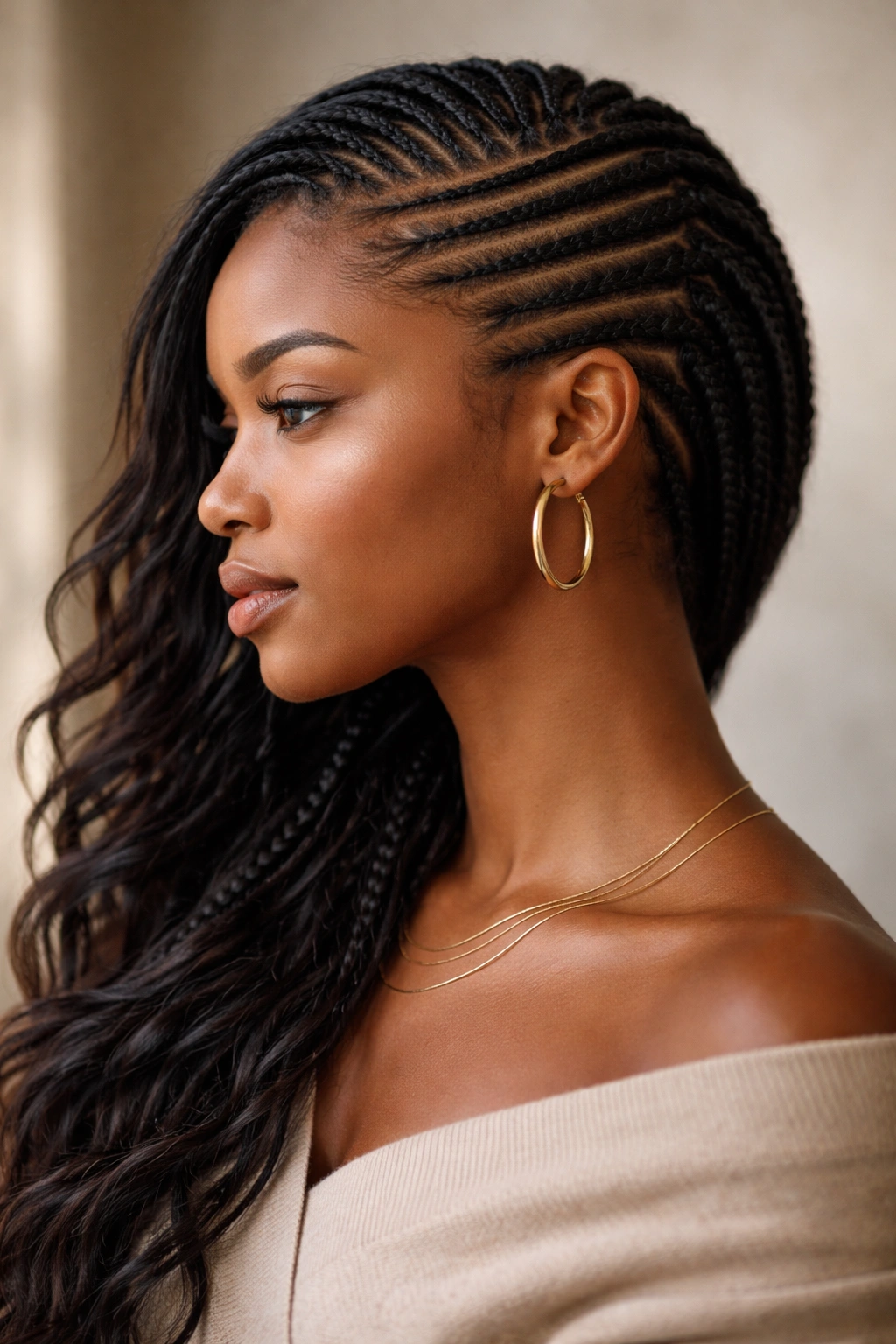 Side-swept cornrows forming diagonal lines across the scalp