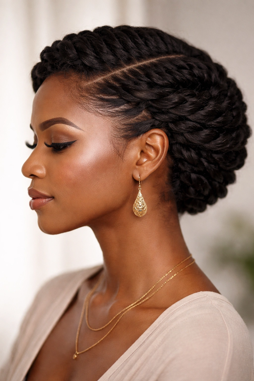 Profile view of a head with a side-swept crown of flat twists