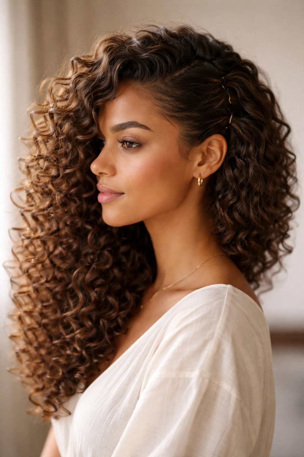 Profile view of side-swept curls with pins in a soft studio setting
