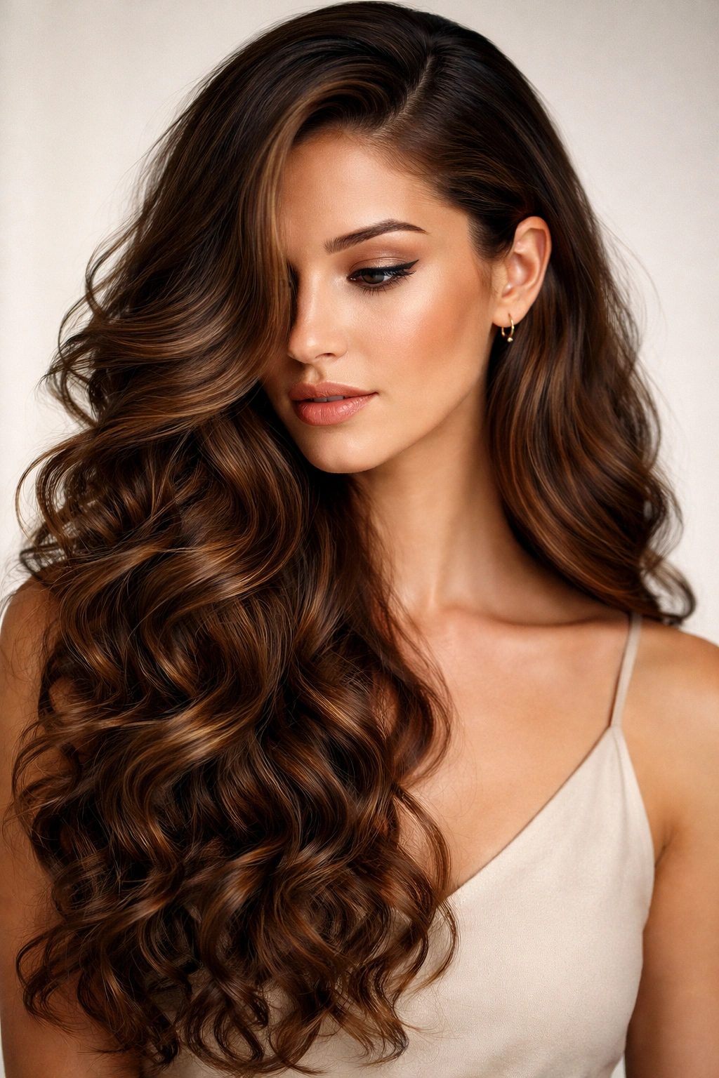 Long curls with a deep side part sweeping across the face