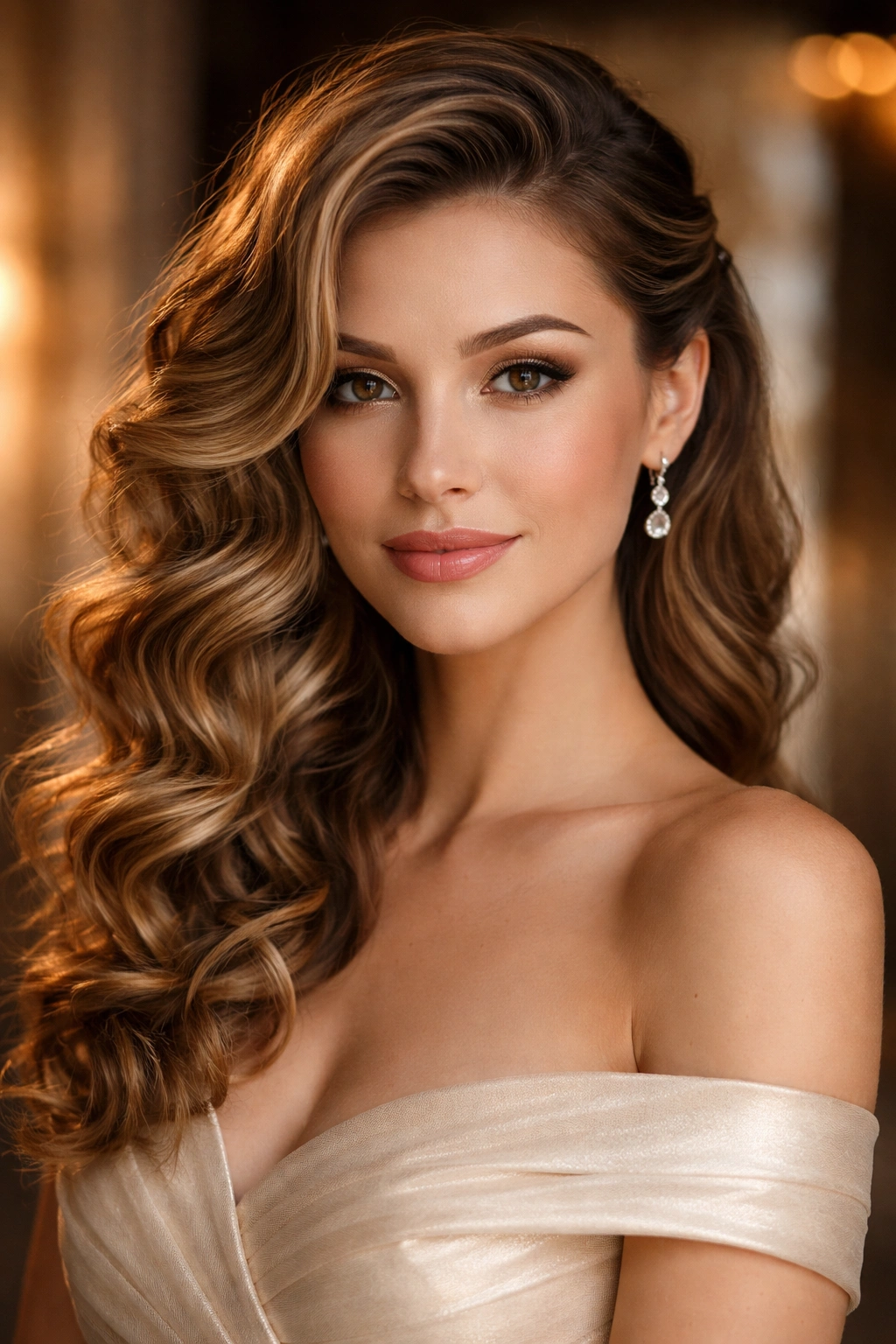 Romantic side-swept curls pinned subtly along the sweep