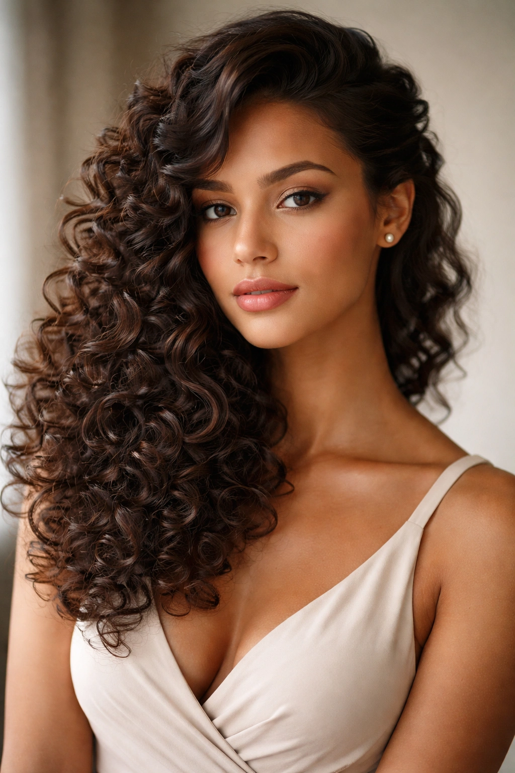 Curls swept to one shoulder in a dramatic, romantic look
