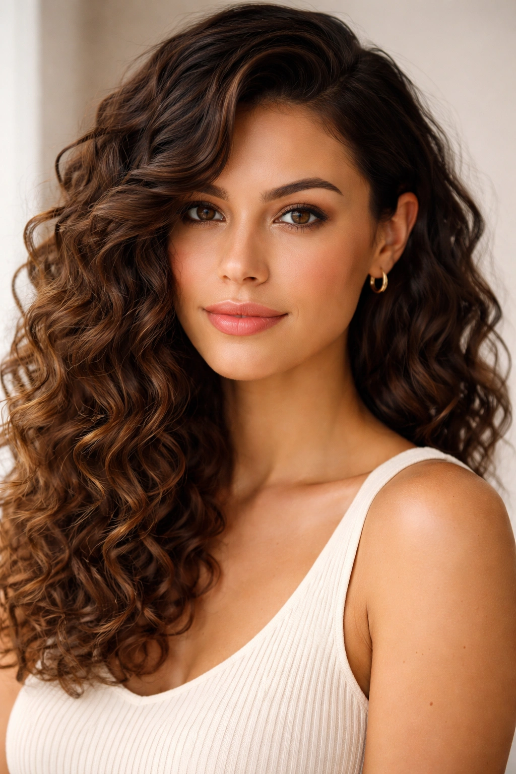 Side-swept curly waves with deep side part