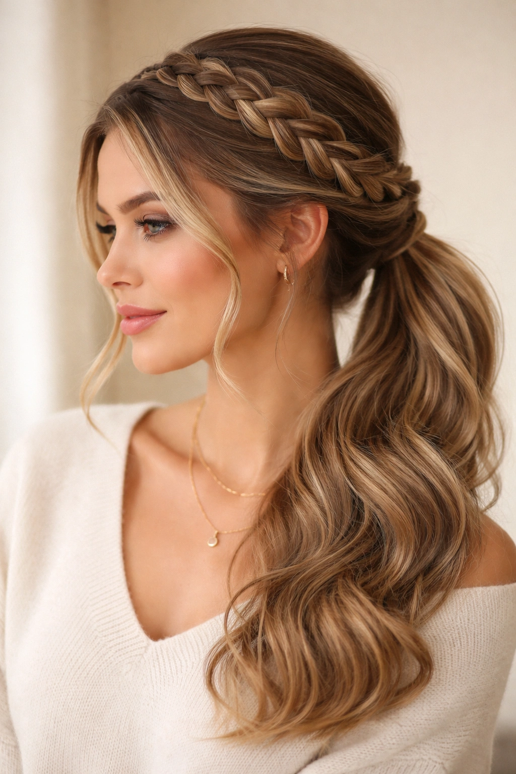 Side-swept braids curving to a low off-center ponytail