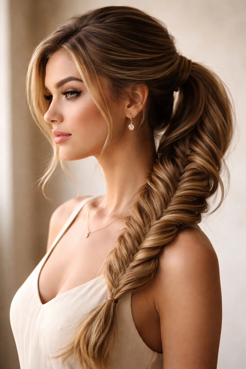 Side-swept fishtail ponytail over the shoulder
