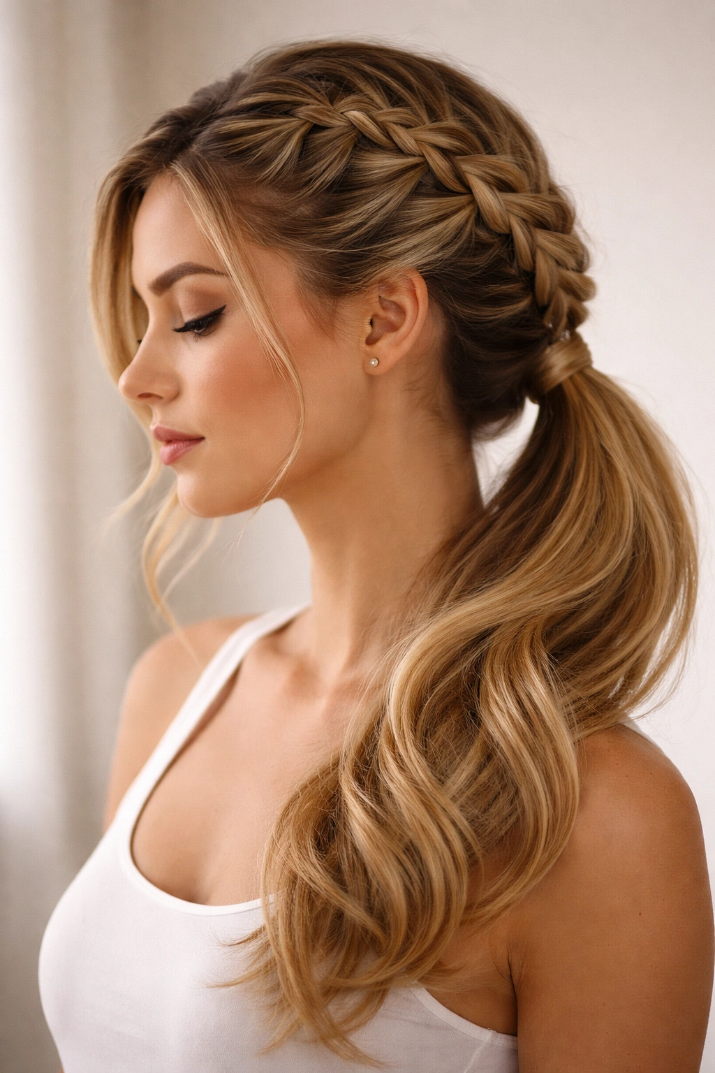 Side-swept French braid from temple to opposite shoulder into a ponytail