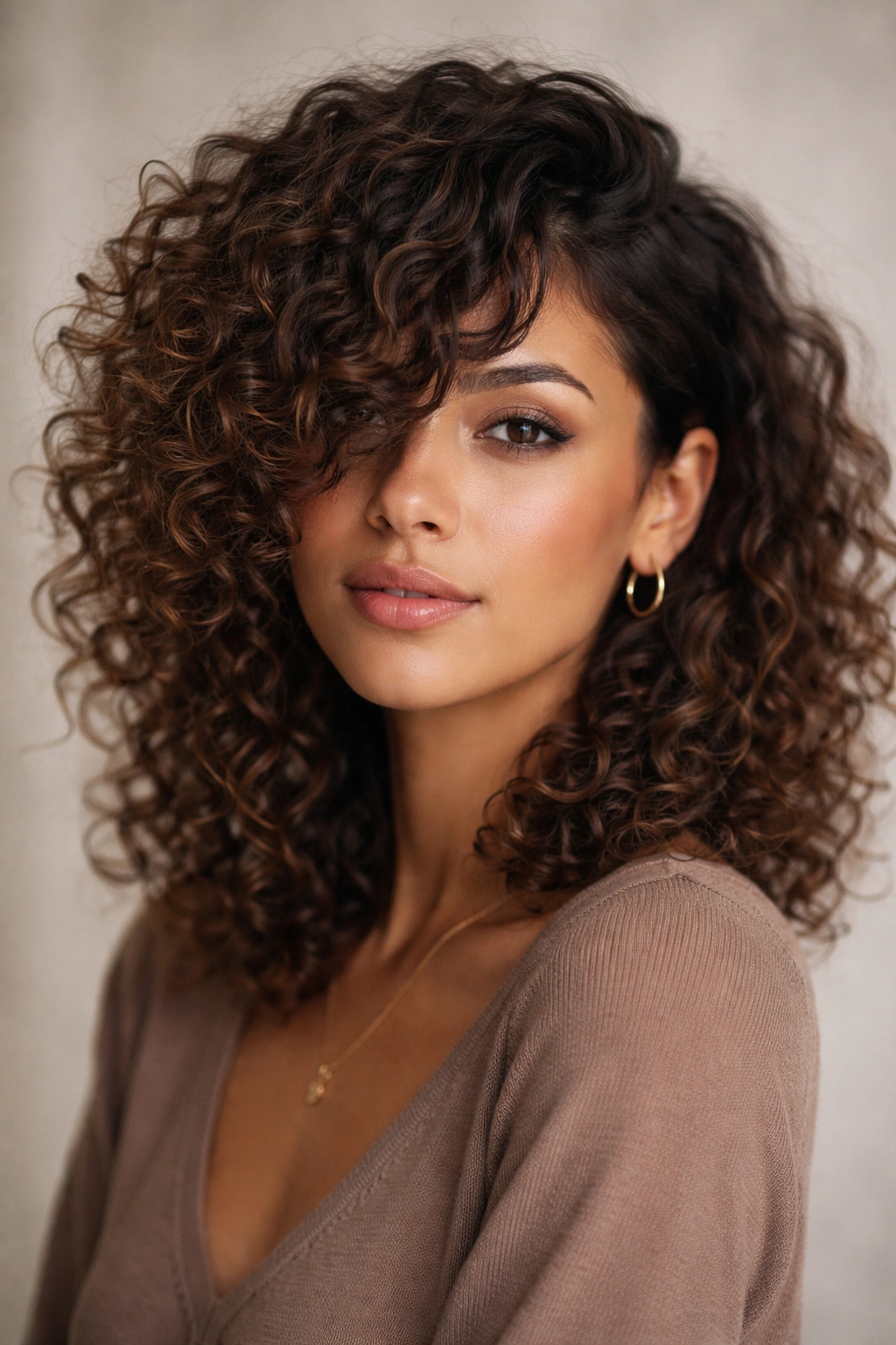 Asymmetrical side-swept curly fringe framing the face