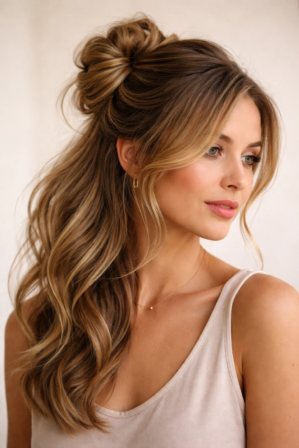 Side-swept half-up bun offset to one side