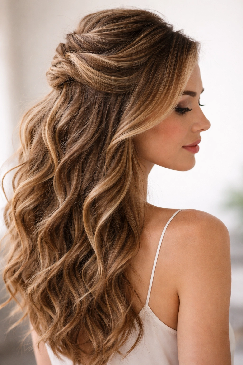 Side-swept half-up with dimensional texture in wavy hair