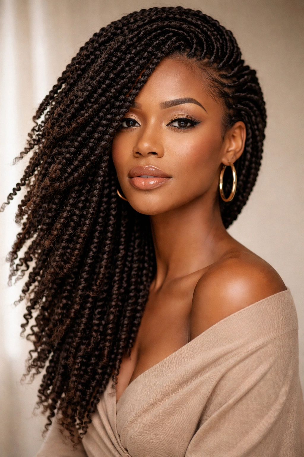 Portrait of a person with kinky twists swept to one side, creating bold asymmetry