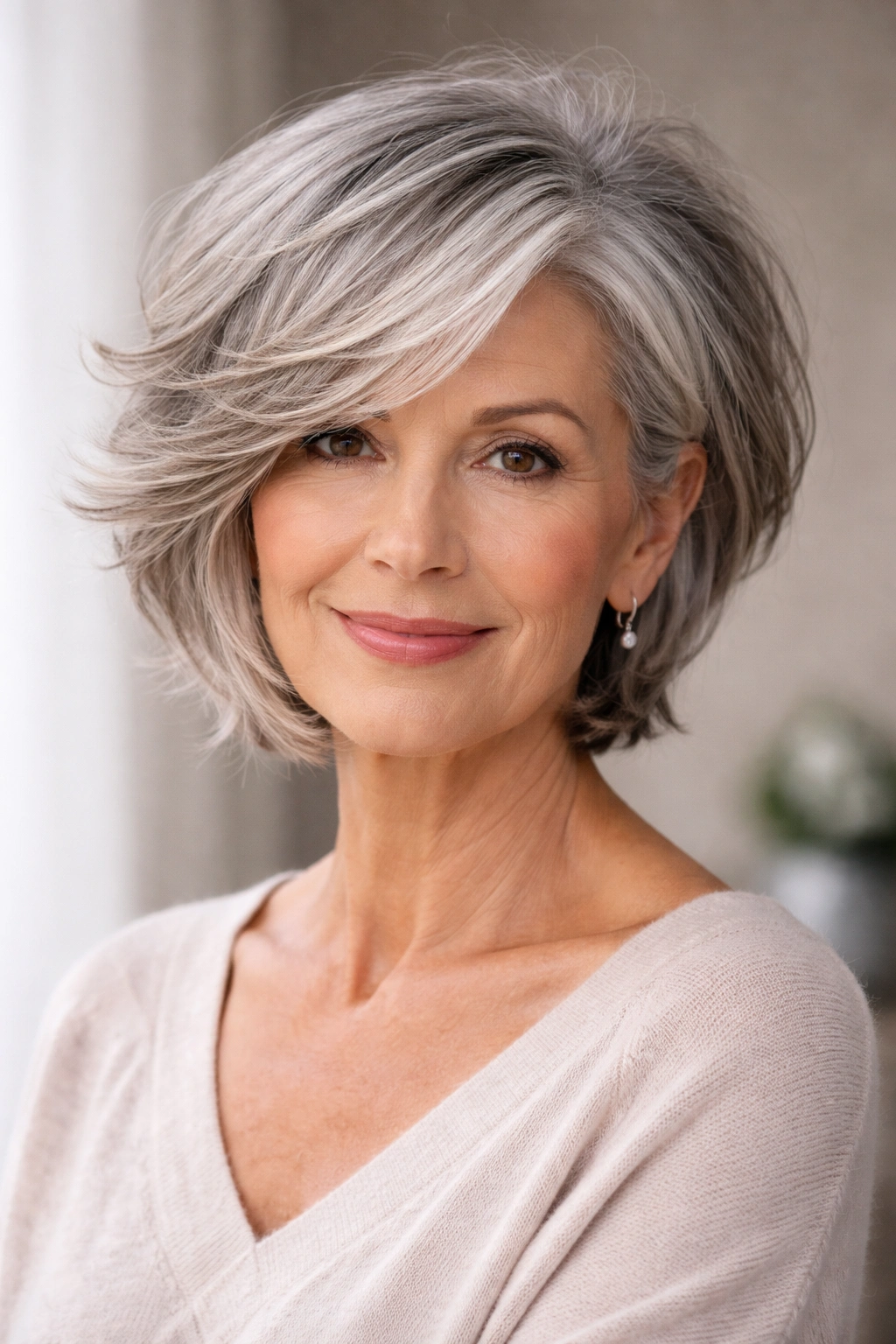 Close-up of Side-Swept Layered Bob with asymmetric sweeping layers
