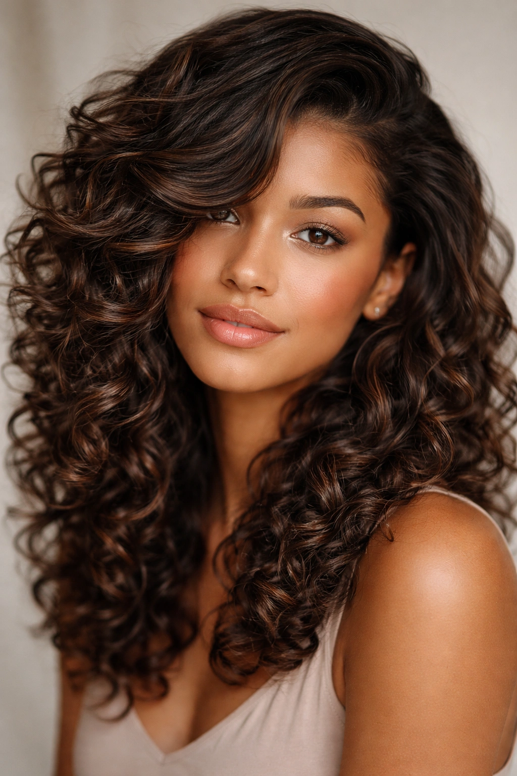 Close-up of curly hair with side-swept layered styling, showing texture and movement