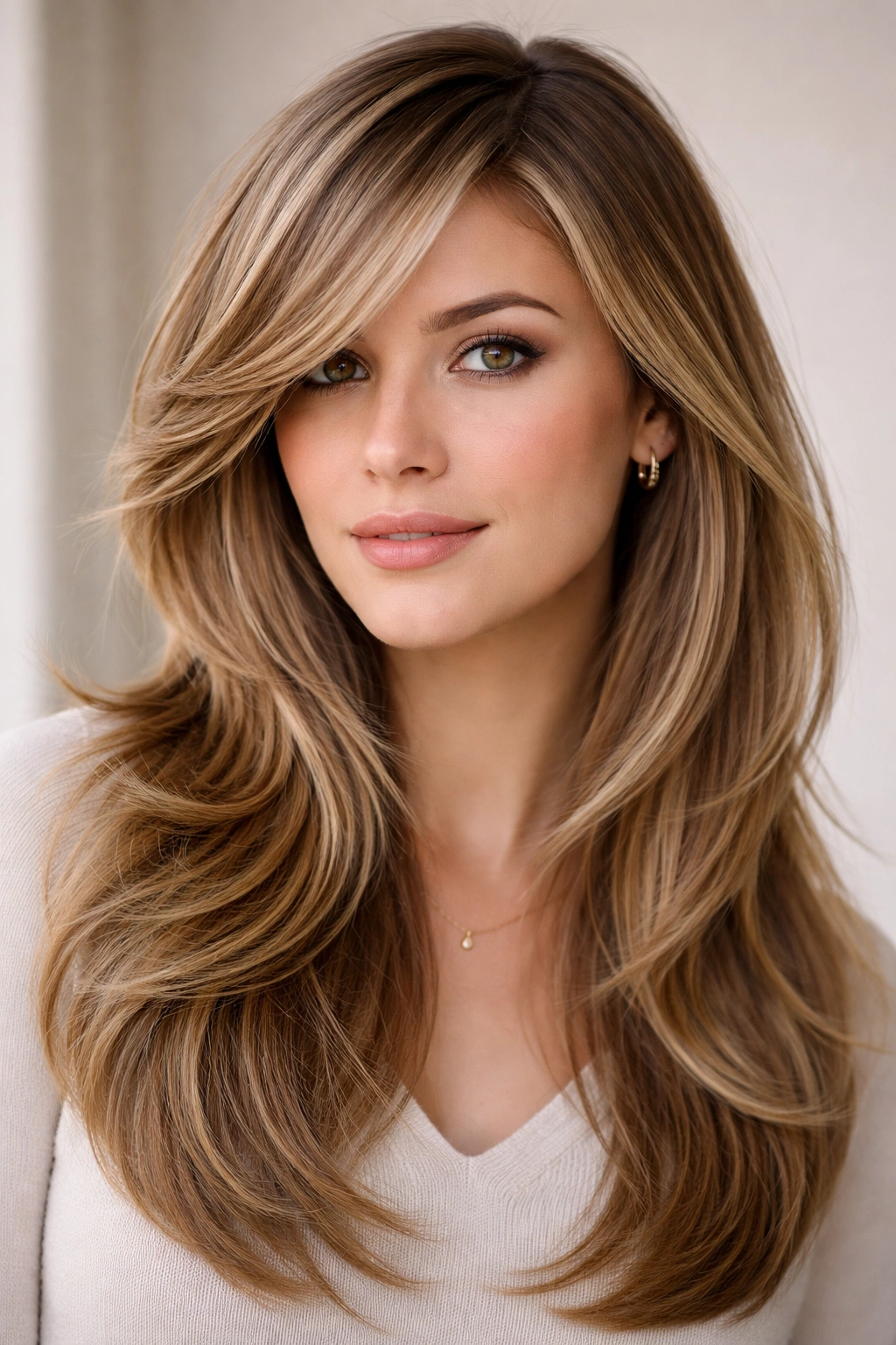 Hair with side-swept layers creating a diagonal, asymmetrical look