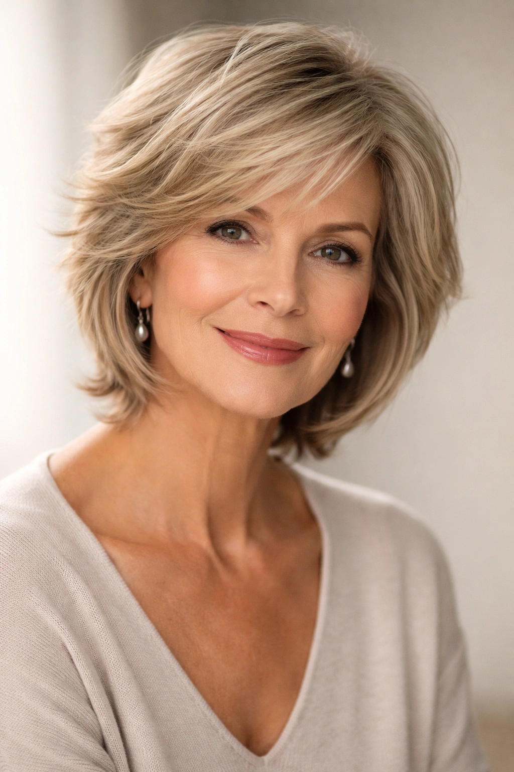 Mature woman with side-swept layered cut showing depth and fullness
