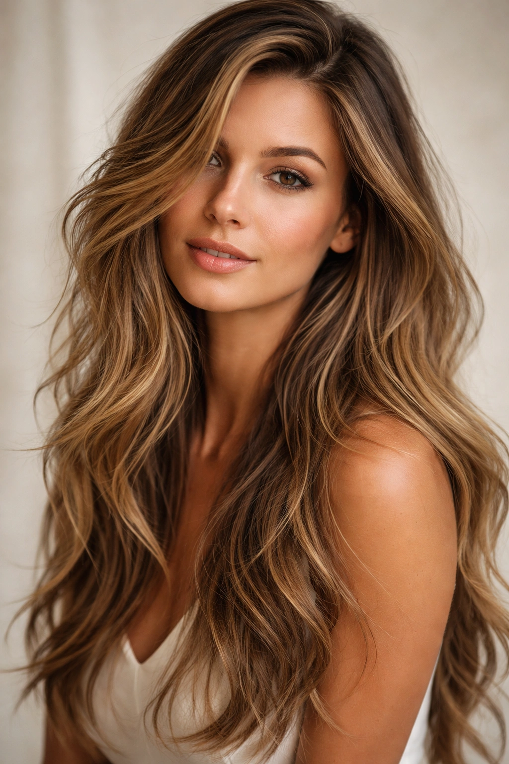 Hair with uneven layers sweeping to one side in a wavy style