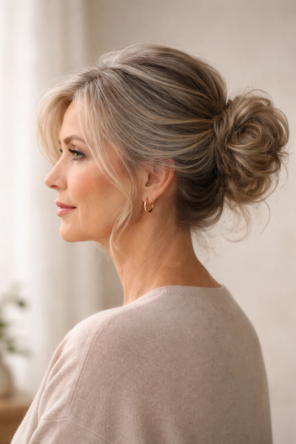 Side-swept messy bun off-center with loose strands on the opposite side.