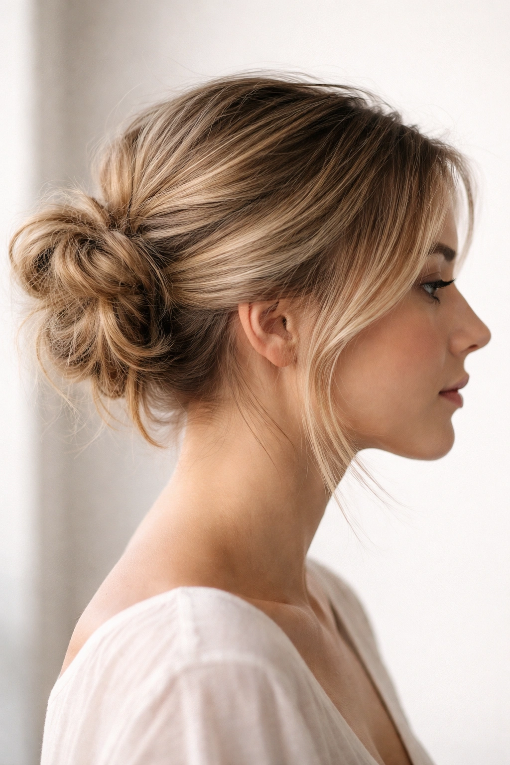 Side view of short hair with a side-swept messy bun and open face