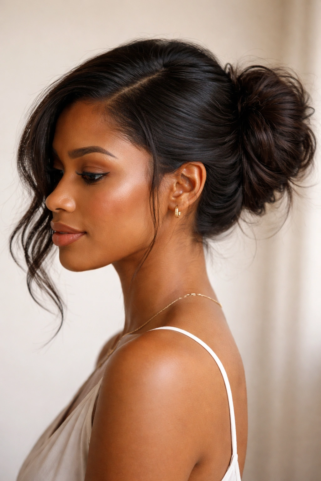 Profile view of a side-swept messy bun with a deep side part