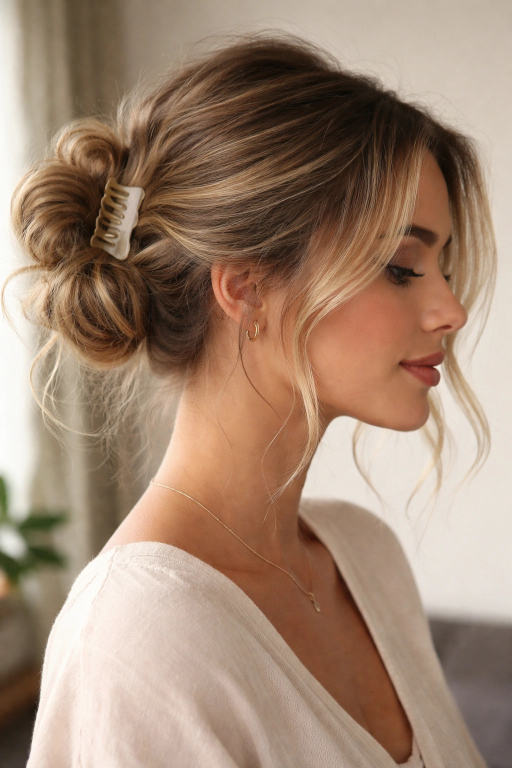 Side-swept messy bun with loose strands and a claw clip