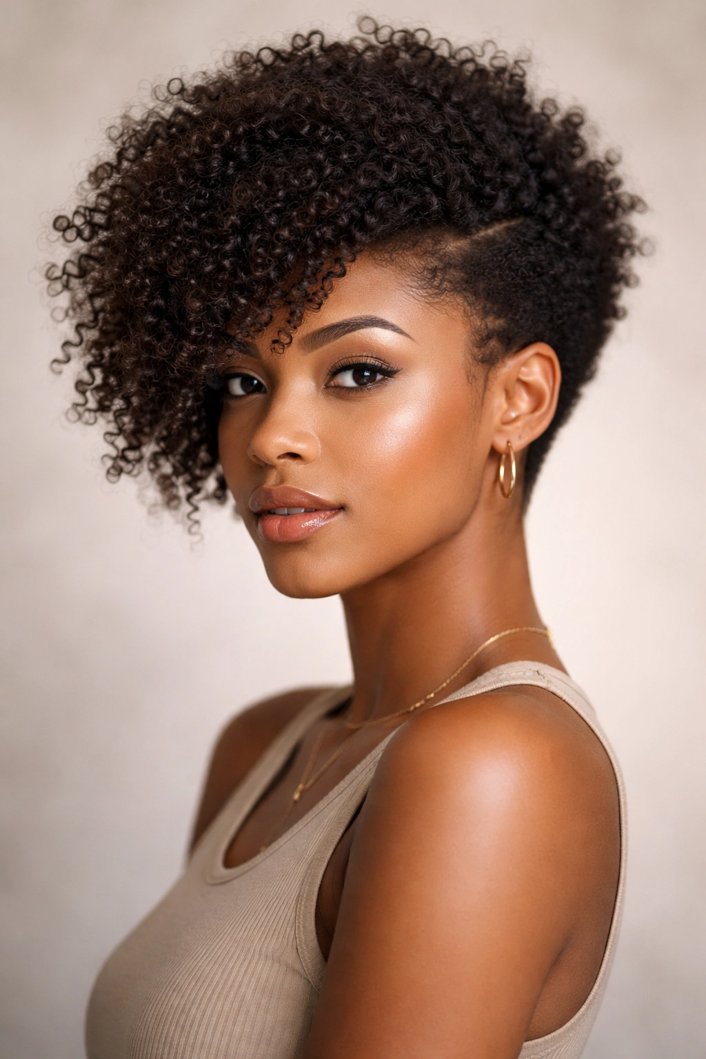 Portrait of a person with a side-swept mini afro showing directional volume and subtle asymmetry.