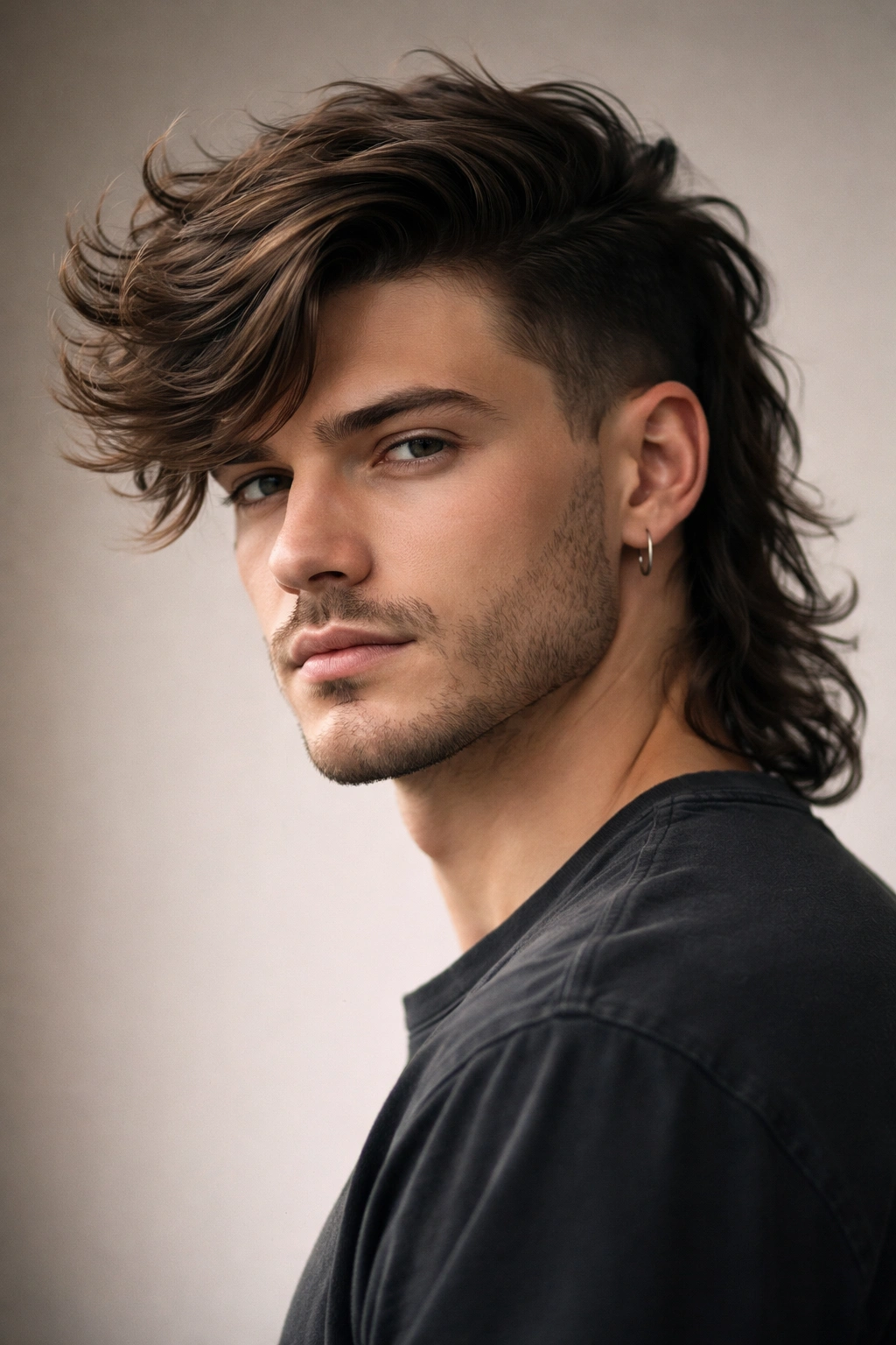 Portrait of a person with a side-swept mullet, asymmetrical top and long back, studio lighting