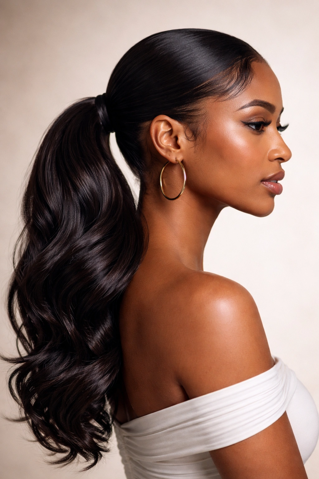 Profile view of side-swept ponytail gathered behind the ear