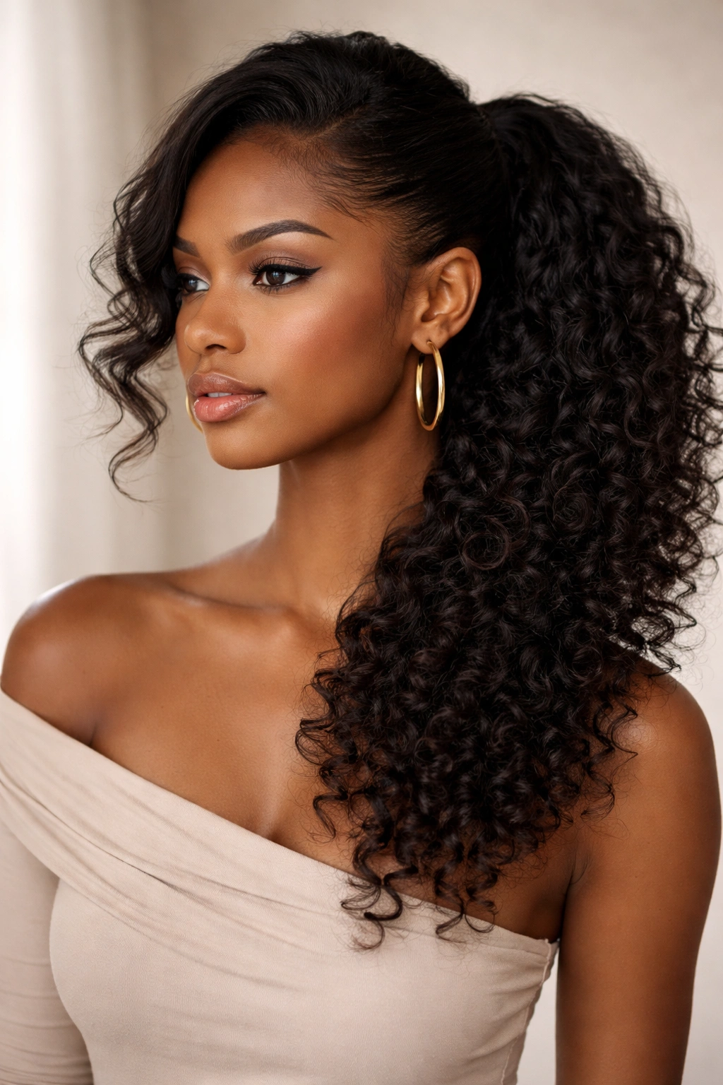 Side-swept ponytail on afro hair showing asymmetrical side placement and curls