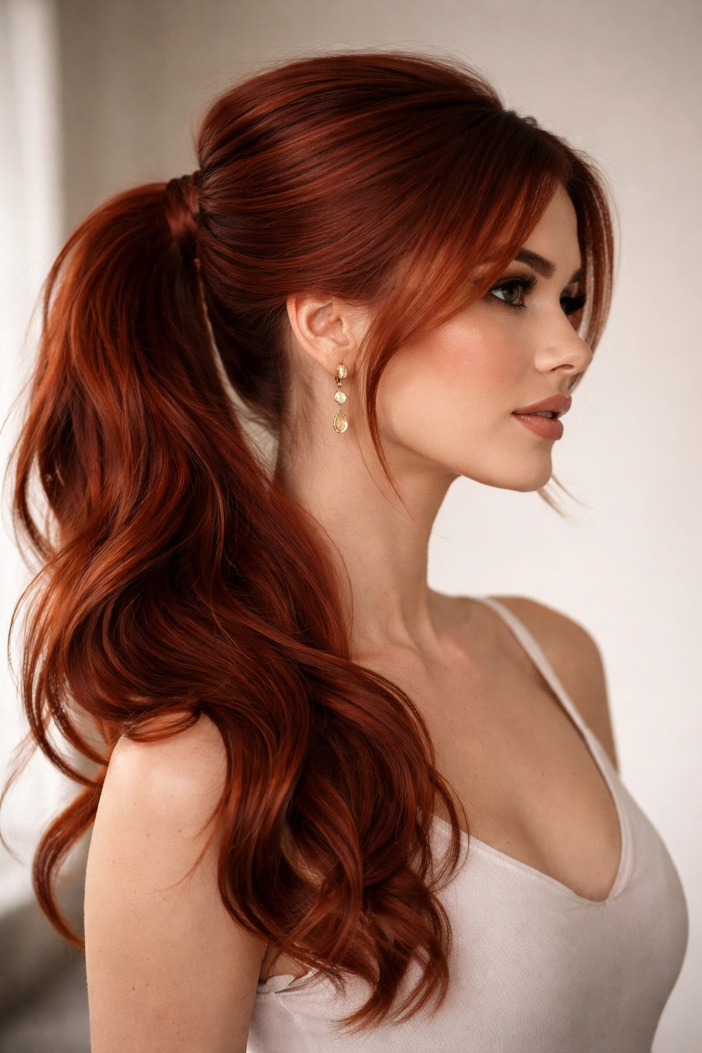 Profile view of a side-swept ponytail with asymmetrical placement