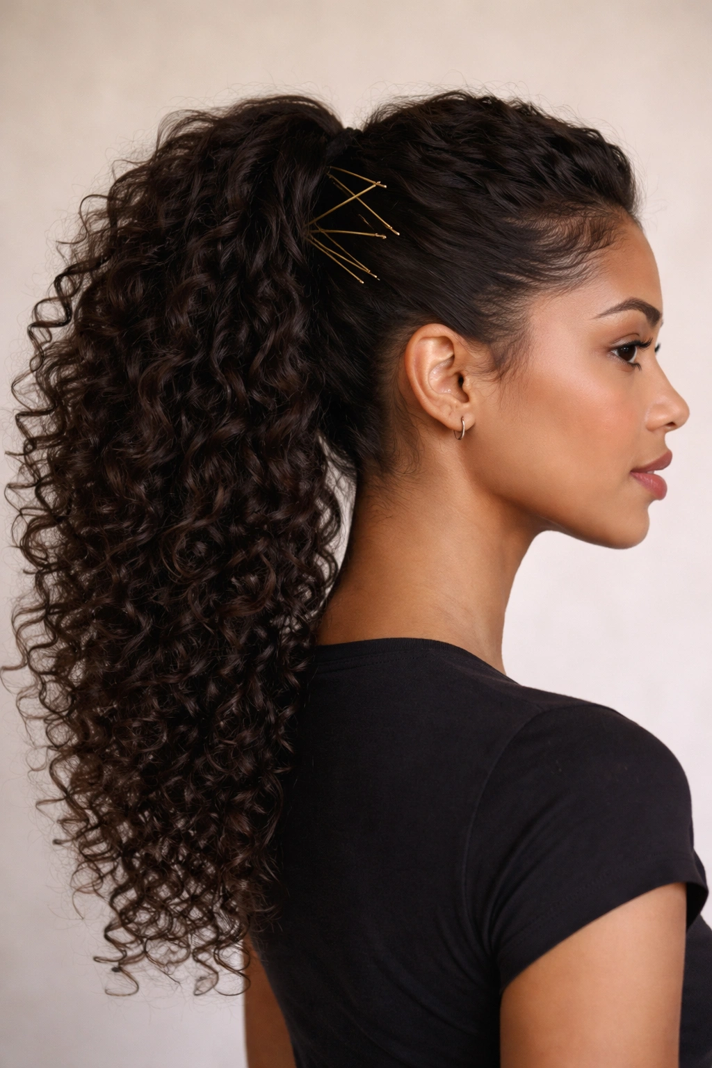 Close-up side-profile of a high side-swept ponytail with pins in curly hair