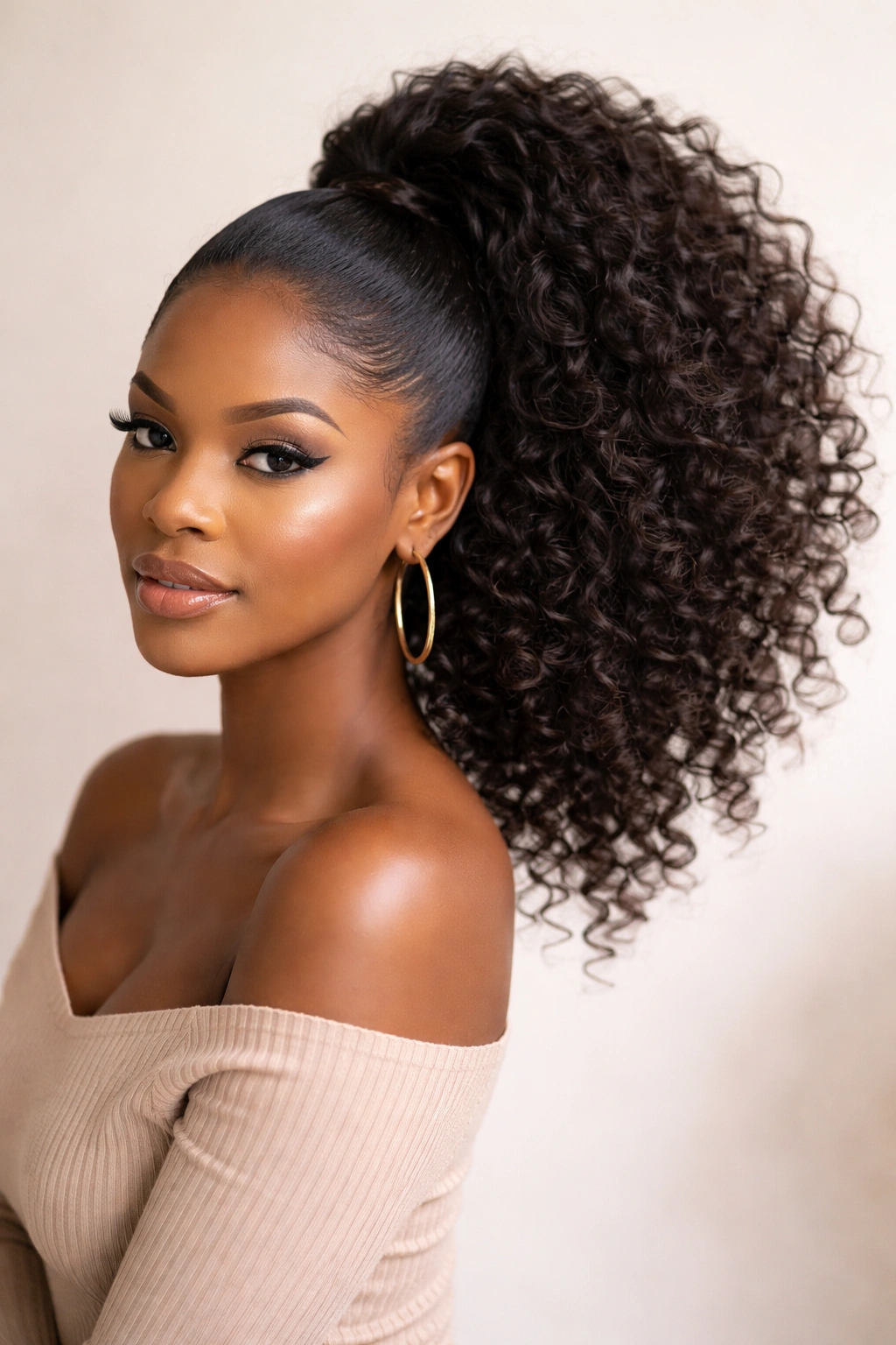 Profile portrait of side-swept high ponytail with volume on natural hair